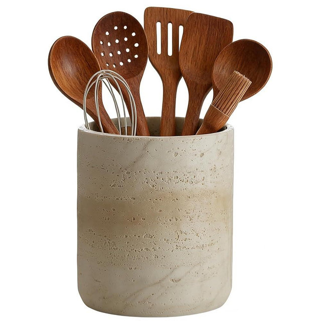 Natural Travertine Textures Kitchen Utensil Holder, 7.5" Large Heavy Resin Utensil Crock, Cooking Utensil Crocks for Kitchen Counter - Silicone Pad Anti Scratch, Non-Slip, Beige (Made of Resin)