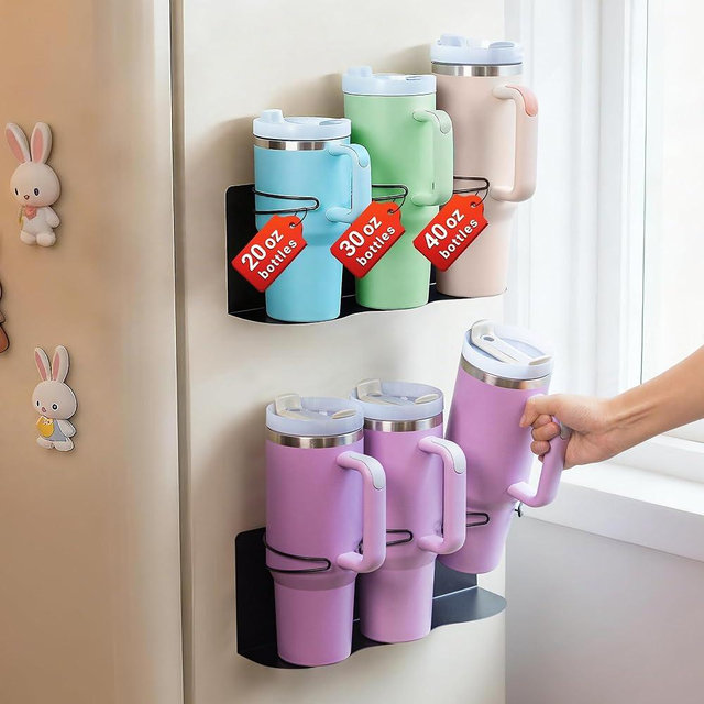 Magnetic Cup Holder for Fridge, 2 Pack Water Bottle Organizer for Stanley Cup Accessories 20/30/40 oz, Wall Mount Tumbler Organizer for Space-Saving Kitchen Pantry Cabinet Storage-Black