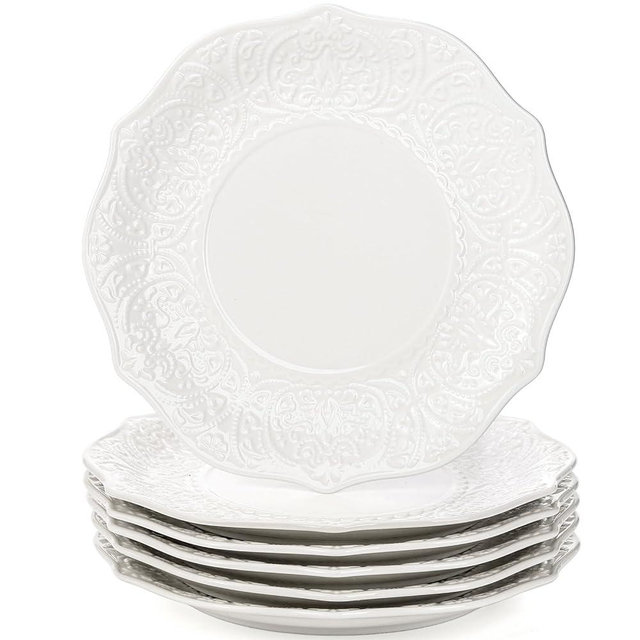 SOUJOY Set of 6 Salad Plate, 8 Inch Porcelain Dessert Serving Plates, Embossed Printing Small Dinner Dish for Pancakes, Steak, Microwave, Dishwasher Safe