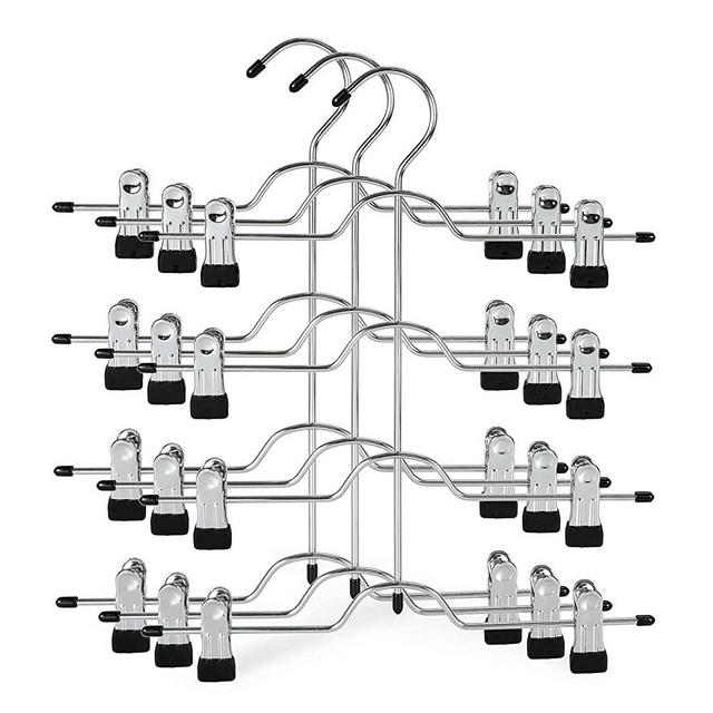 TOPIA HANGER 4 Tier Pants Hangers Metal Skirt Hangers with Clips, Space Saving Trouser Clips Hanger Great for Slacks, Trousers, Jeans, Towels Etc. (Black- 3 Pack CT24B)