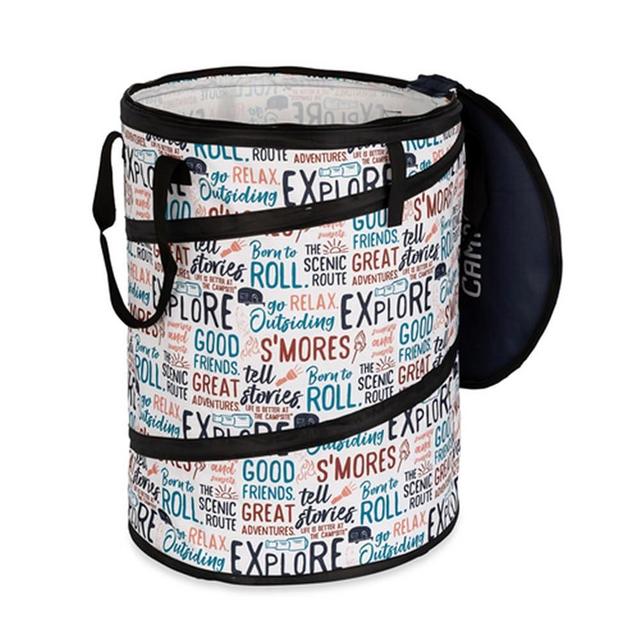 Camco Pop-Up Utility Container | Features Heavy Duty Liner & Zipper Close Lid | Holds 30-Gallon Kitchen-Size Trash Bags | Stands 2-Ft Tall & Collapses for RV Storage and Organization (42998)