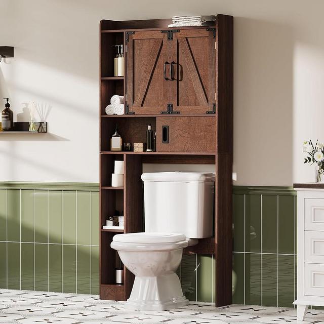 ChooChoo Over The Toilet Storage Cabinet, Farmhouse Bathroom Storage Cabinet with Barn Doors, Sliding Drawer, Adjustable Shelves, Space-Saving, Walnut
