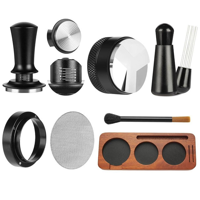 7 PCS Espresso Accessories,Espresso Tamper Tools,WDT Tool Espresso Machine Accessories Kit,Coffee Tamper with Wood Espresso Tamping Station,Distributor,Stirrer,Dosing Funnel,Brush,Puck Screen (58mm)