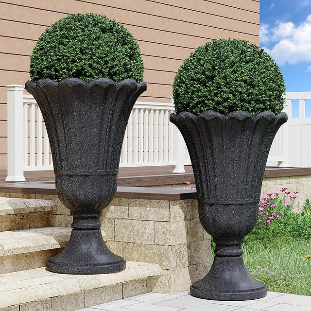 seethmi 23" Tall Planters for Outdoor Plants Set of 2, Planter with Drainage Holes and Petal Design, Large Outdoor Planters for Porch, Garden, Indoor, Black