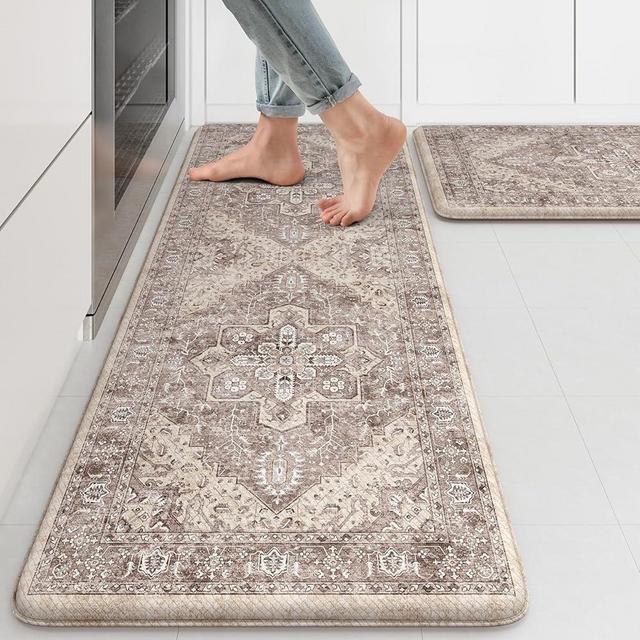 KIMODE Anti Fatigue Kitchen Mats 2 PCS 17"x47"+17"x29", Boho Kitchen Rugs and Mats, Non Slip Cushioned Kitchen Mats for Floor, Waterproof Kitchen Floor Mats for Laundry, Office, Sink, Khaki