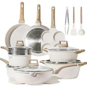 CAROTE 21Pcs Pots and Pans Set, Nonstick Cookware Sets, White Granite Induction Cookware Non Stick Cooking Set w/Frying Pans & Saucepans(PFOS, PFOA Free)