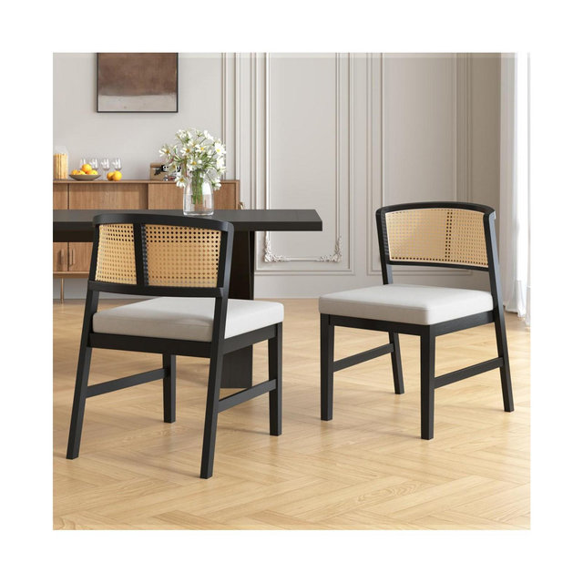 Streamdale Furniture Set of 2 Rattan Dining Chairs, Fabric Upholstered Kitchen Side Chair