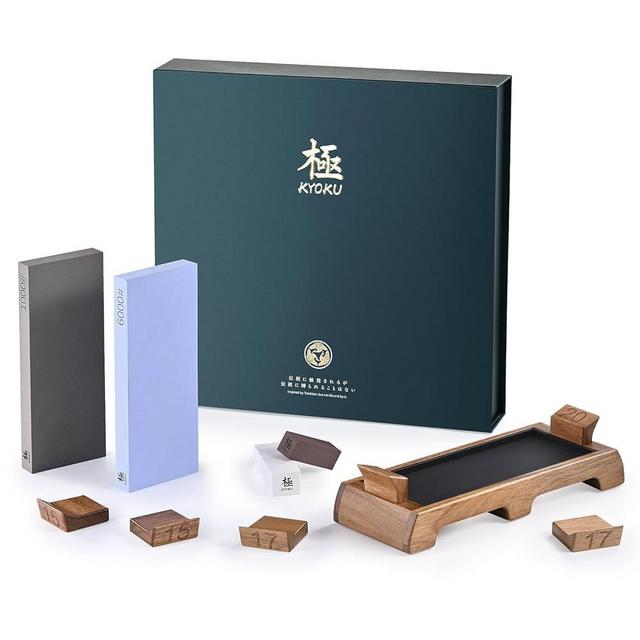 KYOKU Sharpening Stone Whetstone Kit, Knife Sharpening Set with 1000 & 6000 Grit Knife Sharpener Stones Angle Guides, Japanese Whetstone Bundle with Wood Base Rubber Mat Rust Remover Flattening Stone