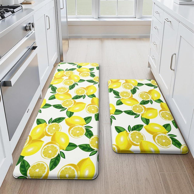 MAYHMYO Lemon Kitchen Mat Set of 2 - Anti Fatigue Mats for Kitchen Floor - Non Slip Cushioned Rugs for Standing - Lemon Decor (17.3"×29"+17.3"×47"-0.4") White