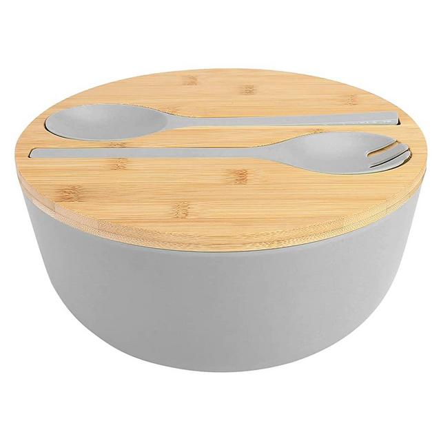 Large Salad Bowl with Lid, Bamboo Fiber Salad Serving Bowl Set with Utensils, 9.8inches Mixing Bowl with Servers, Solid Bamboo Wooden Bowl for Salad, Fruits, Vegetables and Pasta(Grey)