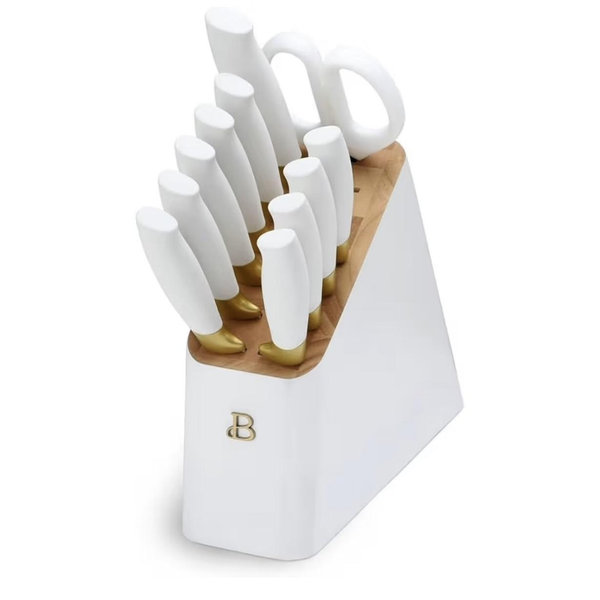 Beautiful 12-Piece Stainless Steel Knife Block Set by Drew Barrymore, Soft-Grip Ergonomic Handles, Stick-Resistant Coating (White Icing)