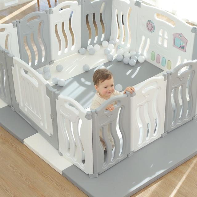 Foldable Baby playpen Baby Folding Play Pen Kids Activity Centre Safety Play Yard Home Indoor Outdoor New Pen with Drawing Board（Grey）