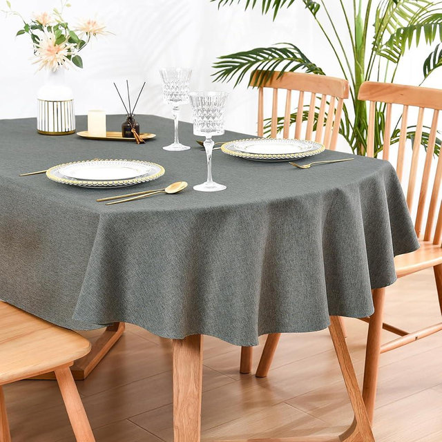 Wolkemer Oval Tablecloth 60 x 102 Inch Faux Linen Charcoal Dining Table Cover Water-Resistant Farmhouse Decorative Table Cloth for Outdoor Indoor Wedding Party Banquet Tabletop Decoration