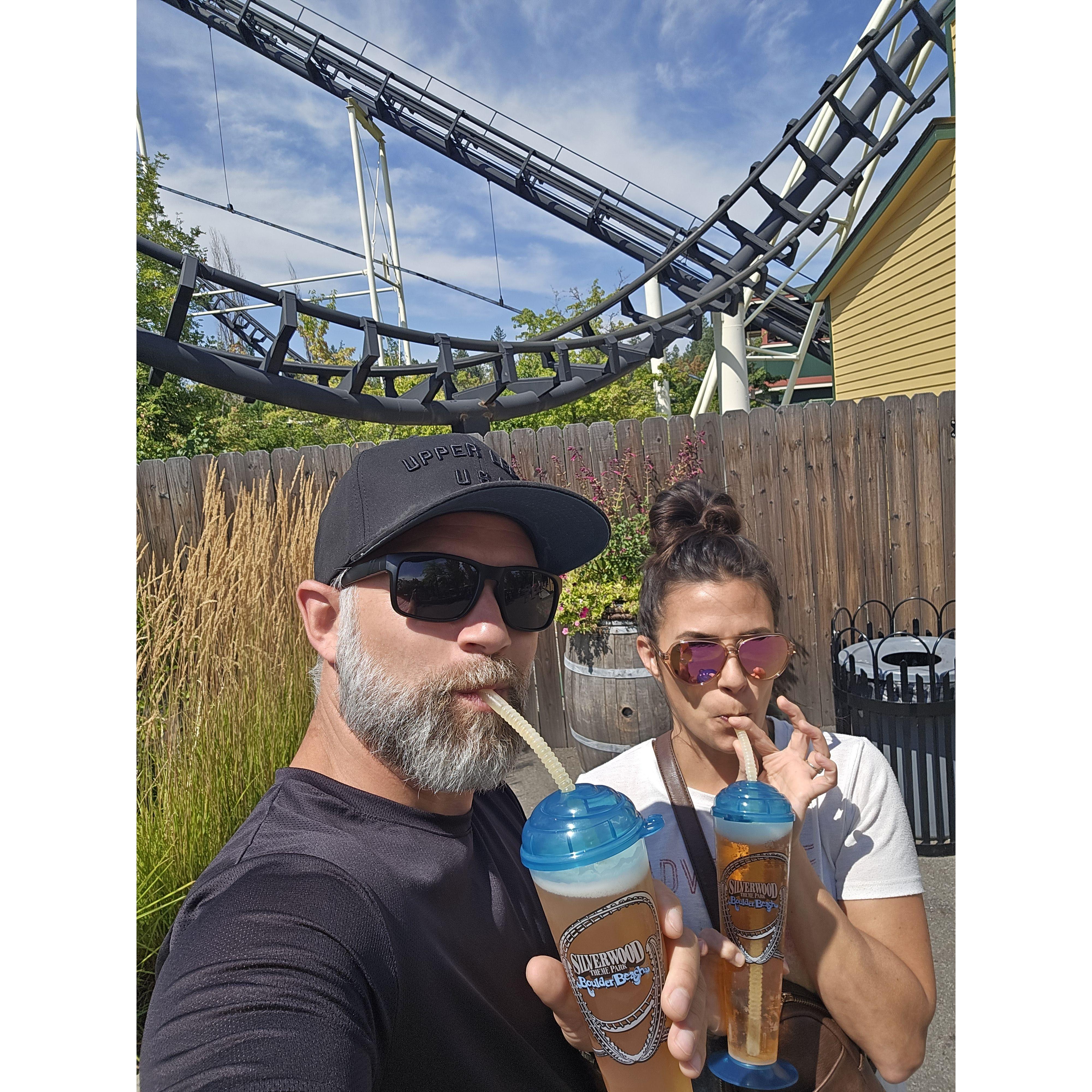 How do you celebrate your dating anniversary?  We go to Silverwood and run around with drinks in our hands and smiles on our faces.