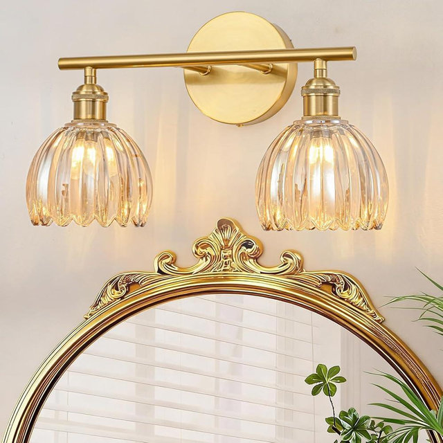 LINSEEDS Gold Bathroom Light Fixtures Over Mirror, 2 Light Bathroom Vanity Light Fixture with Tulip Amber Glass Lampshade, Vintage Vanity Lights for Bathroom, Bathroom Vanity Lights Over Mirror