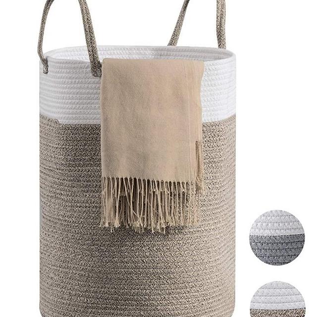 Cotton Rope Laundry Hamper by YOUDENOVA, 72L Woven Collapsible Laundry Basket - Toy & Clothes Storage Basket for Blankets, Laundry Room Organizing, Bedroom Storage, Clothes Hamper - Brown & White