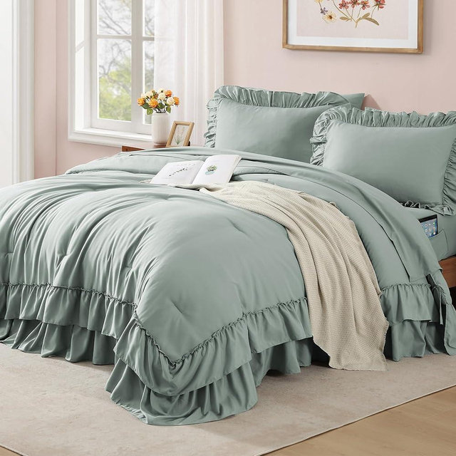 AMBERSPACE Queen Comforter Set Sage Green, Ruffle Shabby Chic Bedding Set Farmhouse 7 Pieces, All Season Fluffy Bed in a Bag with Sheets, Pillowcases & Shams