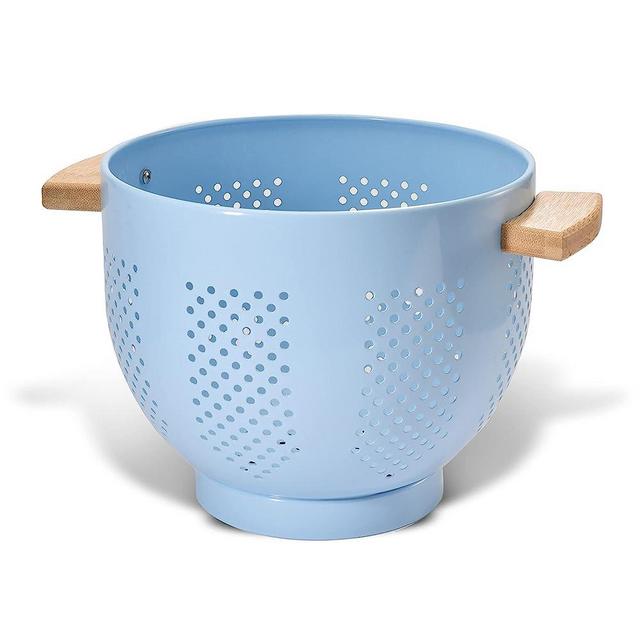 Metal Colander with Wood Handle and Stable Base, Powder Coated Steel Kitchen Strainer Basket for Draining Pasta, Vegetable and fruit (5.5 quart, Blue)