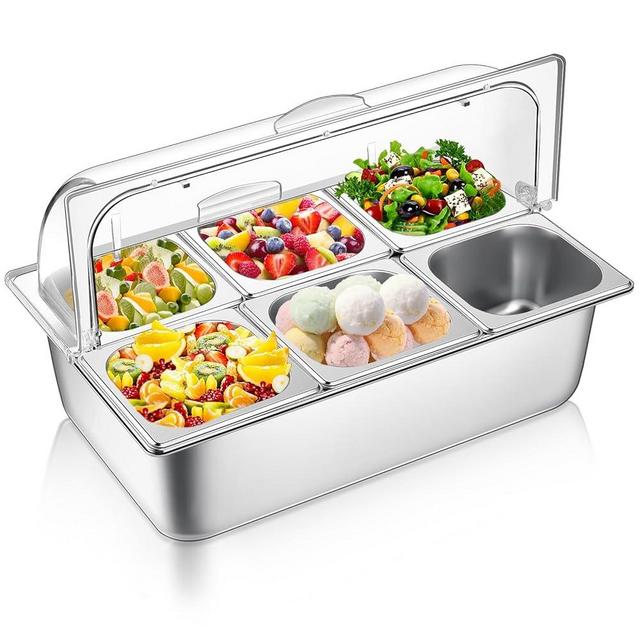 Ziliny Countertop Food Serving Display Container and Clear Roll Top Cover Stainless Steel Food Serving Tray Buffet Condiment Dispenser Display Rack for Restaurant Hotel Kitchen Party (6 Pan)