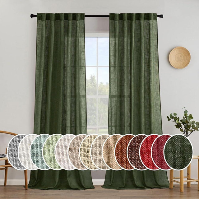 MIULEE Olive Green Linen Curtains 100 Inch Length 2 Panels for Bedroom Living Room, Soft Thick Linen Textured Window Drapes Semi Sheer Light Filtering Back Tab Rod Pocket Burlap Look Decor