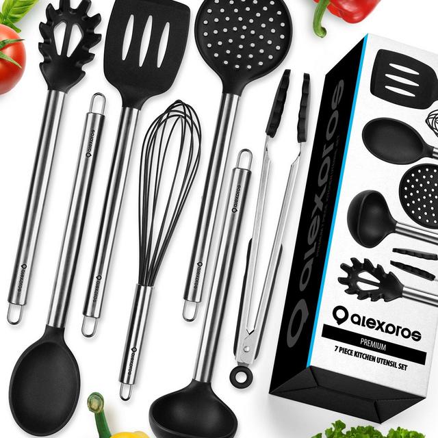 Cooking Utensils - 7 Piece Stainless Steel and Silicone Cooking Utensil Set - Nonstick Kitchen Utensils. Enjoy Today the Safeness for Your Pans and Pots & Comfort for Yourself