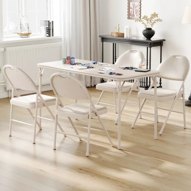 COZONY 5 Piece Foldable PU Upholstered Card Table and Chairs, Portable Folding Table and Chairs Set, for Dining Room, Office, Camping, Beige
