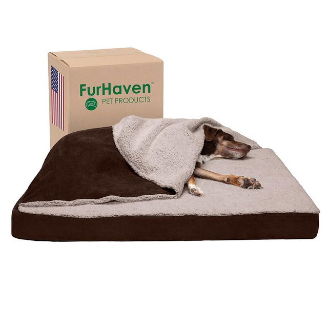 Furhaven Cooling Gel Dog Bed for Large Dogs w/ Removable Washable Cover, For Dogs Up to 95 lbs - Berber & Suede Blanket Top Mattress - Espresso, Jumbo/XL