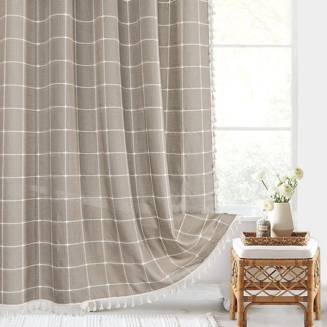 Gibelle Taupe Boho Farmhouse Shower Curtain with Tassels, Rustic Cottagecore Aesthetic Bohemian Chic Modern Bathroom Decor Heavy Thick Waffle Textured Fabric Shower Curtain Set with Hooks, 72x72