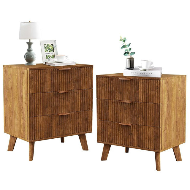 Mid Century Modern Dresser, 3 Drawer Dresser for Bedroom Wood, 3 Drawer Nightstand Set of 2, Storage Cabinet Side Table with Solid Wood Legs, Small Dresser for Closet, Living Room (Walnut)