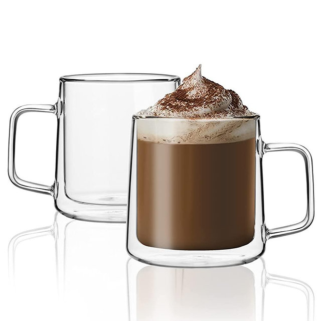 CNGLASS 12oz Glass Coffee Mugs,Double Wall Insulated Glass Cups with Handle,Clear Espresso Mugs for Latte,Cappuccino,Tea Bag,Set of 2