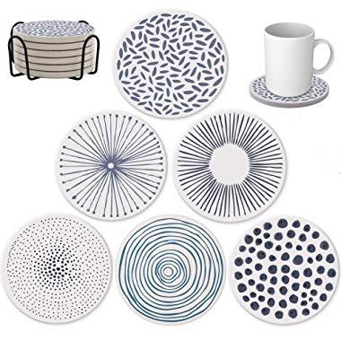 EASYLEE Coasters Absorbent Ceramic Stone Coasters set for Drinks,Glass Cup Holder Coffee Mug Place Mats with Cork Base Protect Furniture,Suitable for Kinds of Mugs and Cups (6 Packs & Holder)