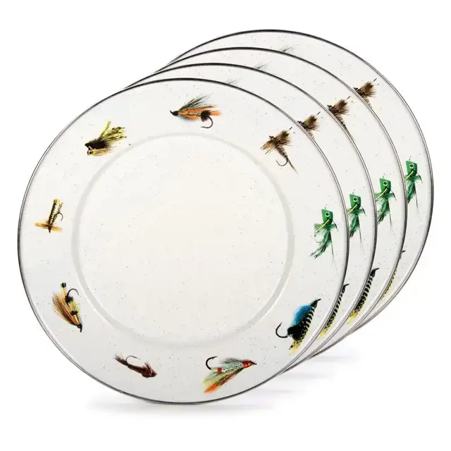 Fishing Fly 8.5 in. Enamelware Round Sandwich Plates (Set of 4)