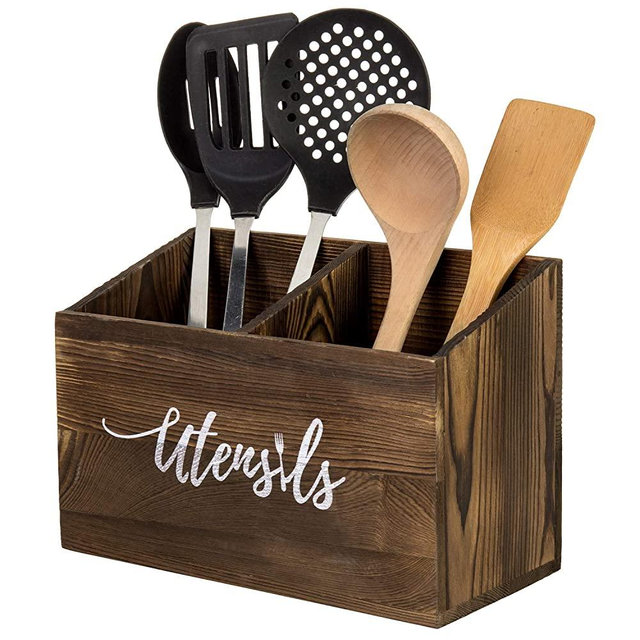 MyGift 2-Slot Solid Burnt Wood Cooking Utensil Crock - Kitchen Countertop Organizer Caddy with Cursive UTENSILS Text