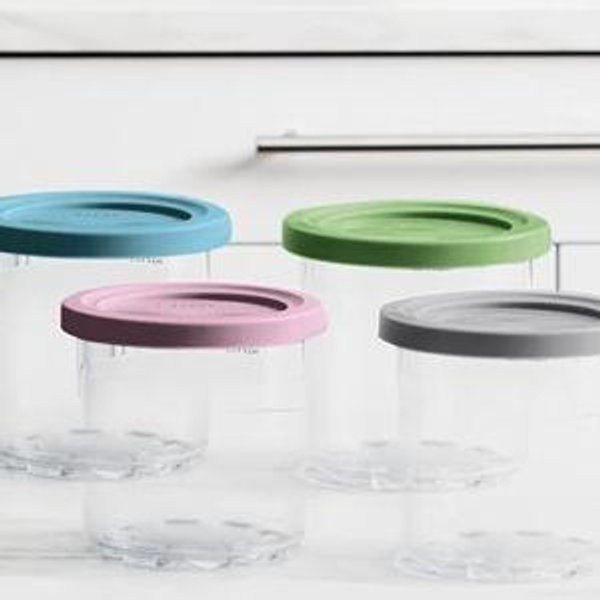 Ninja Creami Pints 4 Pack, Compatible with NC299AMZ & NC300s Series Creami Ice Cream Makers, Genuine Ninja Pint, BPA-Free & Dishwasher Safe, Color Lids, Clear/Grey/Lime/Pink/Aqua, XSKPLD4BCD​