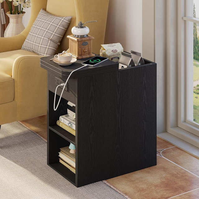 LIKIMIO Narrow Side Table, Small End Tables with Flip Top Storage and Plug for Living Room, Sofa Couch, Small Space, Narrow Nightstand with Charging Station, Vintage Black