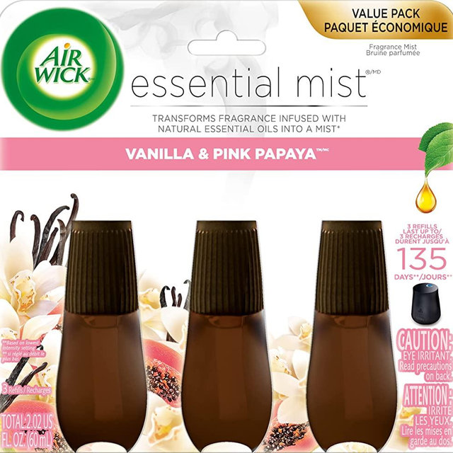 Air Wick Essential Mist Refill, 3 ct, Vanilla and Pink Papaya, Essential Oils Diffuser, Air Freshener