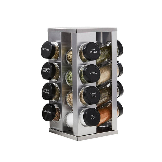 Kamenstein 16pc Jar Heritage Spice Rack: Revolving Seasoning Organizer for Countertop, Freestanding with Glass Jars