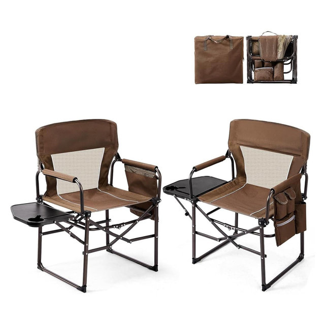 VINGLI Portable Folding Camping Chair, Directors Chair with Side Table & Carry Bag, 2 Pack, for Beach, Fishing,Trip, Picnic, Lawn-Brown