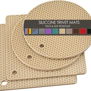 4 Pack Silicone Trivets for Hot Pots and Pans, Pot Holders Hot Pads, Non-Slip & Heat Resistant Silicone Mats for Kitchen Counter, Soft Durable Drying Mat, Jar Opener and Coasters (Beige)