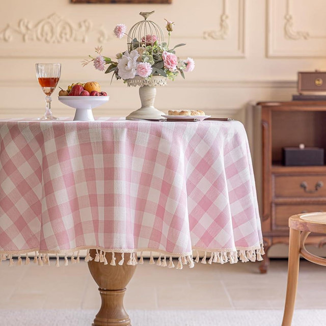Alsoo Pink Gingham Tablecloth Round 60 inch, Summer Washable Checkered Plaid Table Cloth Cotton Linen Fabric for Mothers Valentine's Day Outdoor Picnic Party