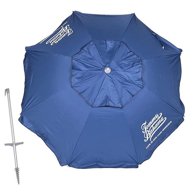 Tommy Bahama 7 ft Fiberglass Beach Umbrella for Sand with Integrated Anchor, Telescopic Aluminum Pole, UPF 50+, Tilt, No Table