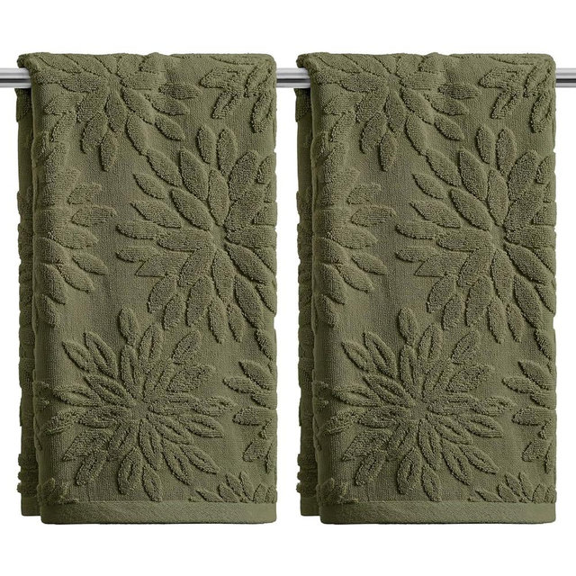 Artoid Mode 2 Pcs Olive Green 3D Dahlia Floral Jacquard Spring Hand Towels for Bathroom, Cotton Soft Absorbent Bathroom Decor Towels, 13.7 x 29.5 Inch