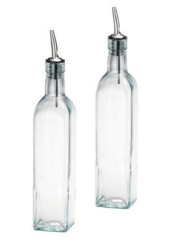 Premium Vials - SET OF 2-16 Oz. (Ounce) Oil Vinegar Cruet, Square Tall Glass Bottle w/Stainless Steel Pourer Spout (2 PACK)