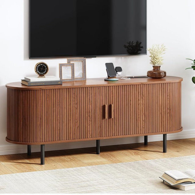 TV Stand with Power Outlet, Mid-Century Modern Television Stand, Media Console with Sliding Doors, Entertainment Center for TVs up to 60 Inch, Adjustable Shelves, Walnut