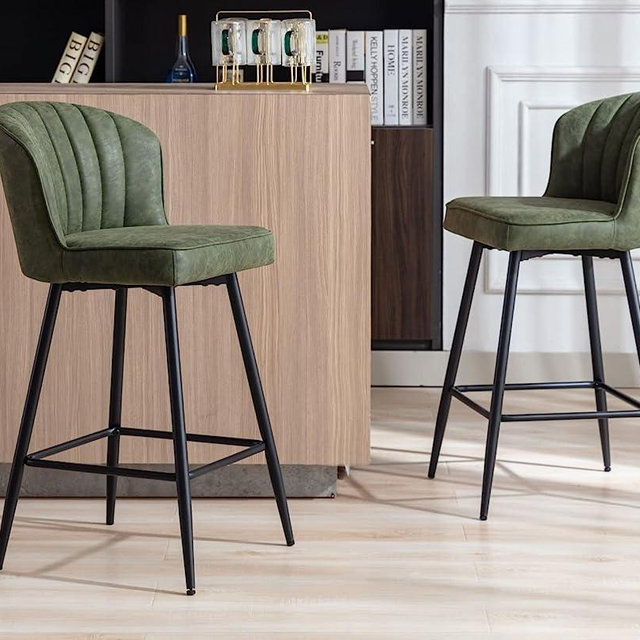 EALSON Counter Height Bar Stools Set of 2 Modern Bar Chairs with Back Leather Upholstered Barstools with Metal Footrest Comfortable Island Chairs for Kitchen Counter/Home Bar/Dining Room, Green