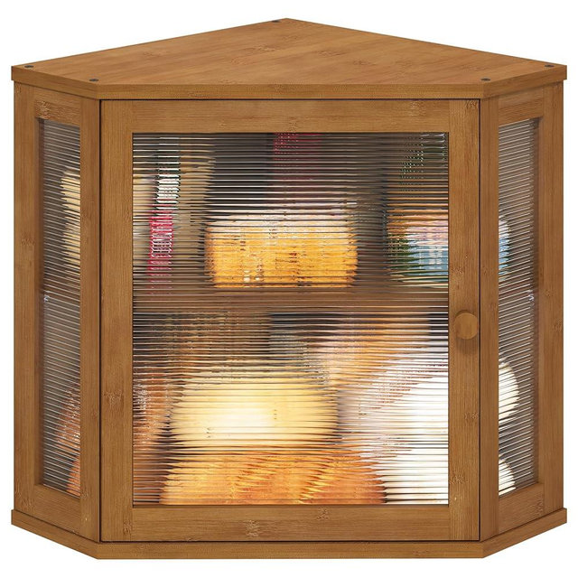 viewcare Corner Bread Box for Kitchen Counter, Bamboo Wood Large Capacity Bread Storage Bin with Acrylic Wavy Door Panel (Brown, Meduim)