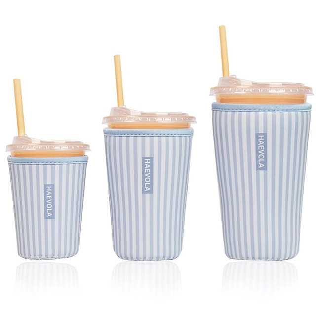 Reusable Insulated Neoprene Iced Coffee Cup Sleeve, Durable Drink Sleeve for Cold Beverages, Beverage Holder for Iced Coffee, Blue Stripes