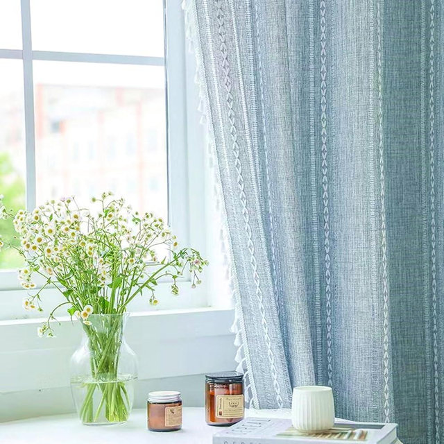 Deeprove Blue Boho Curtains 63 Inches Long for Bedroom Living Room Kitchen, Bohemian Embroidery Light Filter, Vintage Handmade Tassels Farmhouse Decor Drapery, Rod Pocket, 1 Panel W52 x L63