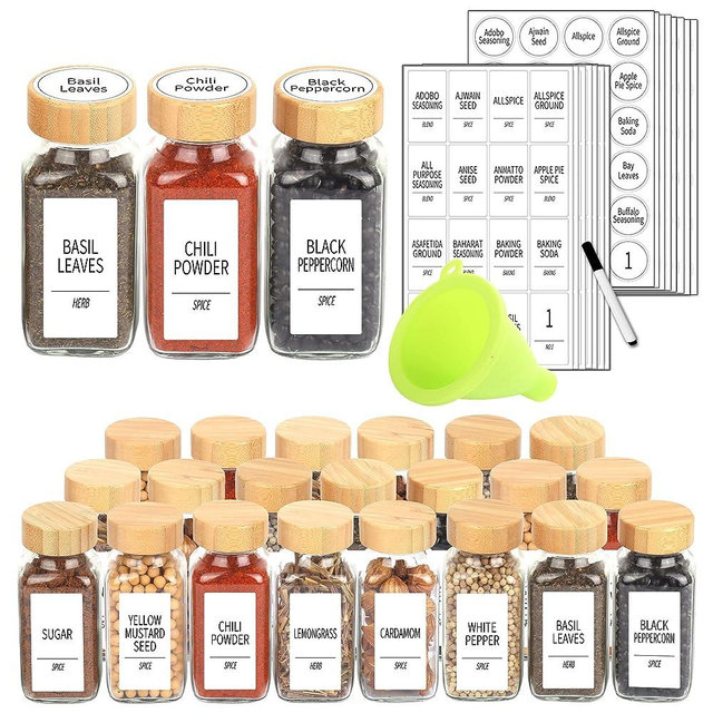 SWOMMOLY 24 Pcs Glass Spice Jars with 366 Labels, 6 oz Spice Jars with Bamboo Lids, Empty Spice Bottles with Shaker Lids, Spice Containers with White Spice Labels,Chalk Marker, Funnel.