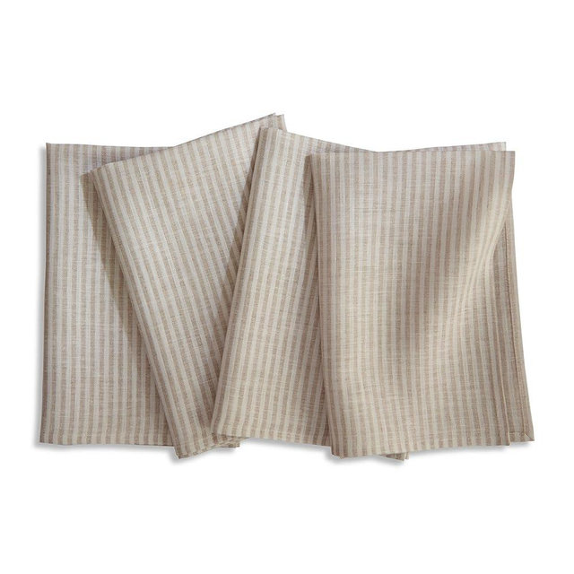 Solino Home Linen Cloth Napkins Set of 4-100% Pure Linen Natural and White Striped Dinner Napkins 20 x 20 Inch for Fall, Thanksgiving, Christmas - Narrow Stripe, Handcrafted and Machine Washable